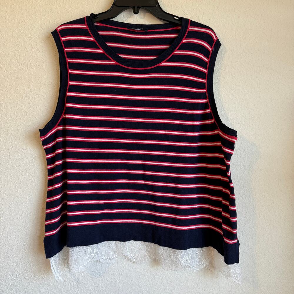 Preppy Sweater Vest Women XL Lace Hem Striped Classic Lightweight Tommy Hilfiger